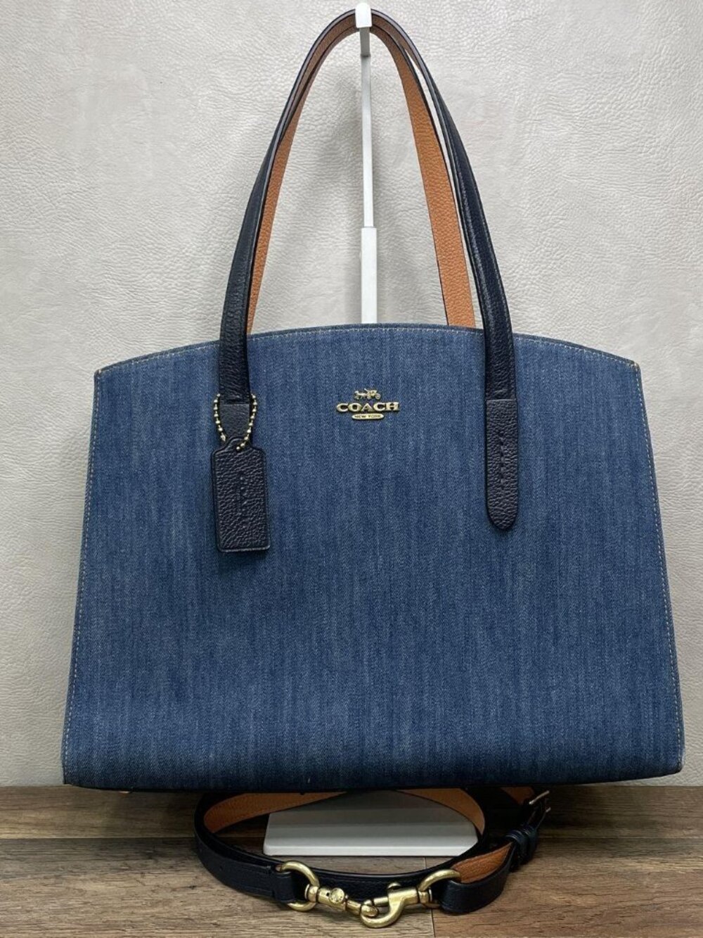 Coach Blue Denim Leather Charlie Carryall Satchel Crossbody Bag Gold Hardware